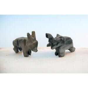 Miniature Carved Elephant & Donkey-Political Figurines Authentic Petrified Wood